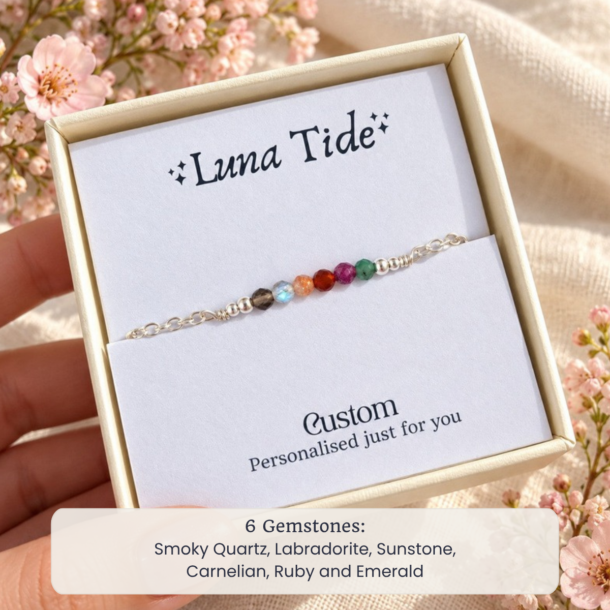 Custom faceted bead bar anklet with Smoky Quartz, Labradorite, Sunstone, Carnelian, Ruby and Emerald in a Luna Tide gift box