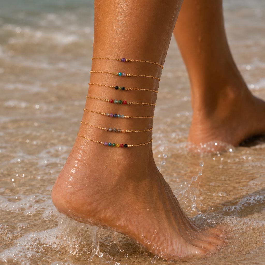 Custom Sparkling Gemstone Faceted Bead Bar Anklet - Custom Sparkling Gemstone Faceted Bead Bar Anklet - 14k Gold Fill / M 20-25cm (8-10") - Standard - Luna Tide Handmade Crystal Jewellery