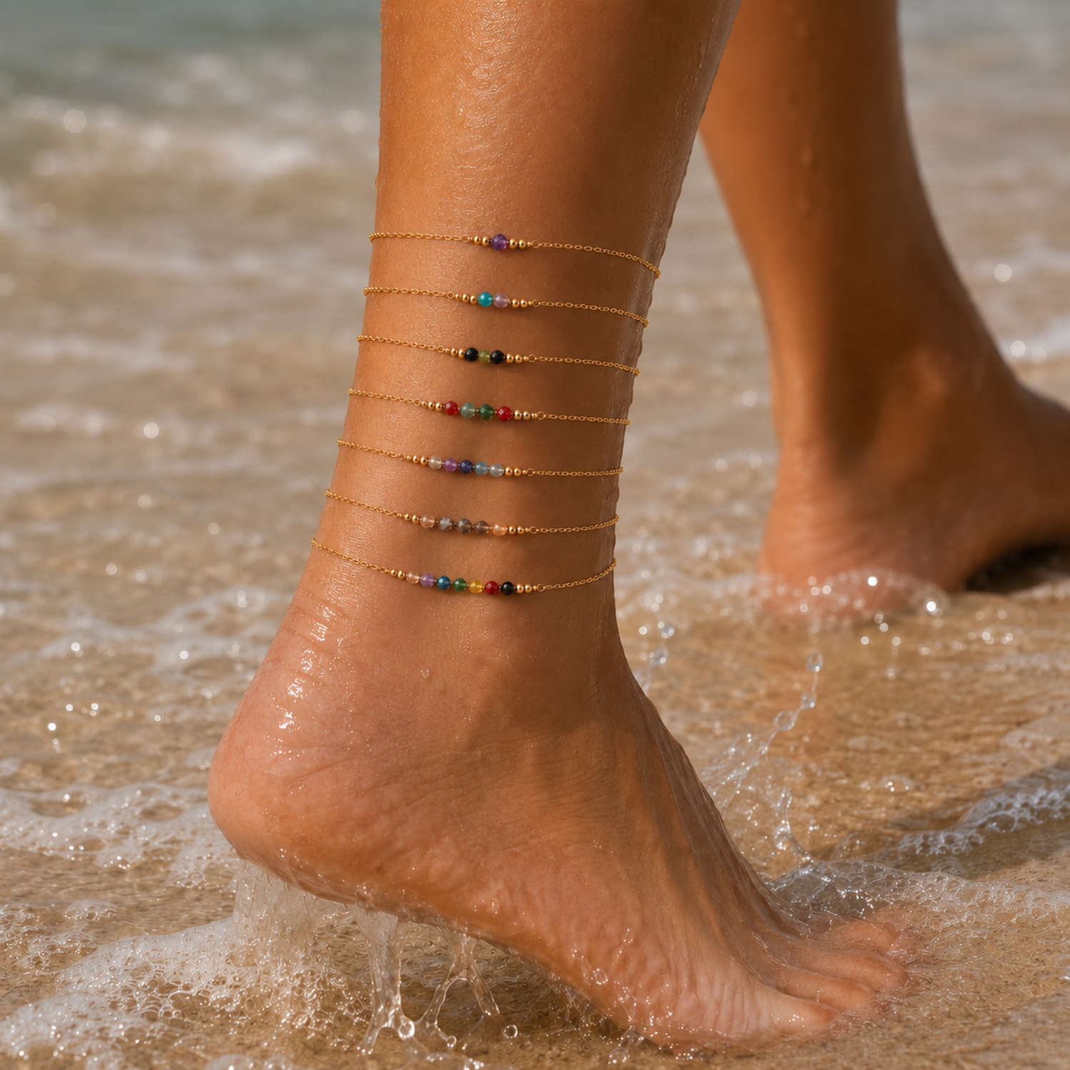 Custom Sparkling Gemstone Faceted Bead Bar Anklet - Custom Sparkling Gemstone Faceted Bead Bar Anklet - 14k Gold Fill / M 20-25cm (8-10") - Standard - Luna Tide Handmade Crystal Jewellery