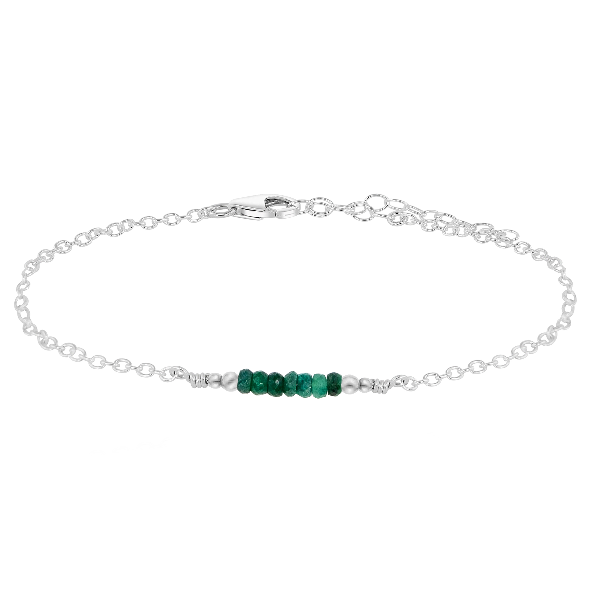 Sparkling Emerald Gemstone Faceted Bead Bar Anklet - Sparkling Emerald Gemstone Faceted Bead Bar Anklet - Sterling Silver - Luna Tide Handmade Crystal Jewellery