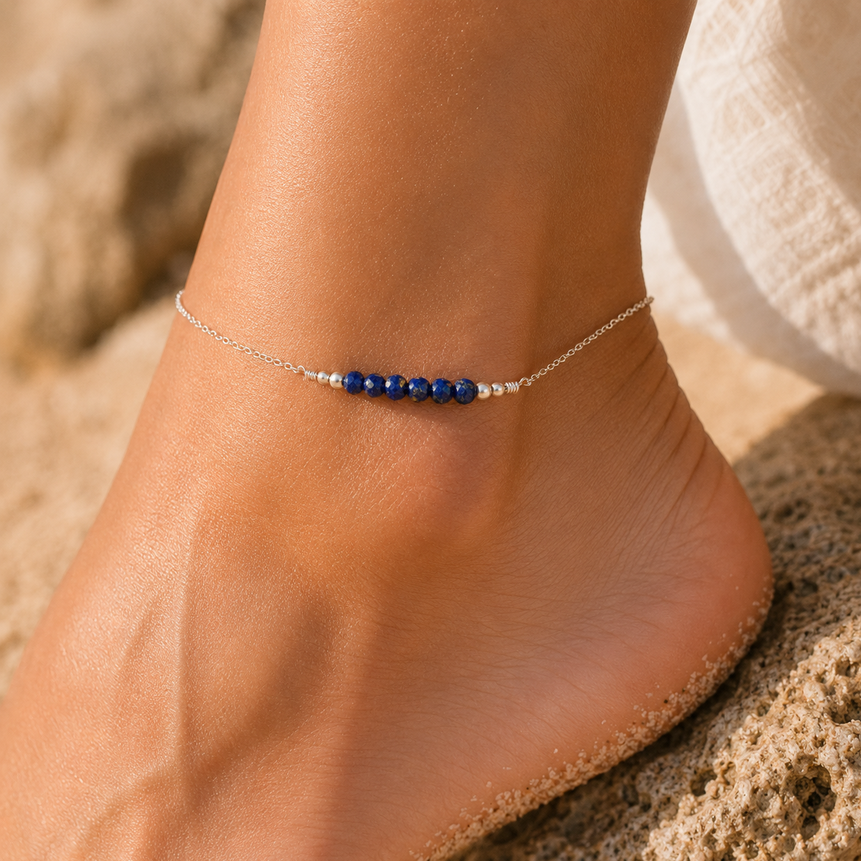 Sparkling Lapis Lazuli Gemstone Faceted Bead Bar Anklet - Sparkling Lapis Lazuli Gemstone Faceted Bead Bar Anklet - Sterling Silver - Luna Tide Handmade Crystal Jewellery