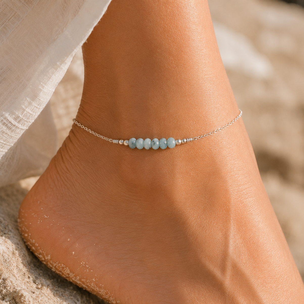 Sparkling Larimar Gemstone Faceted Bead Bar Anklet - Sparkling Larimar Gemstone Faceted Bead Bar Anklet - Sterling Silver - Luna Tide Handmade Crystal Jewellery