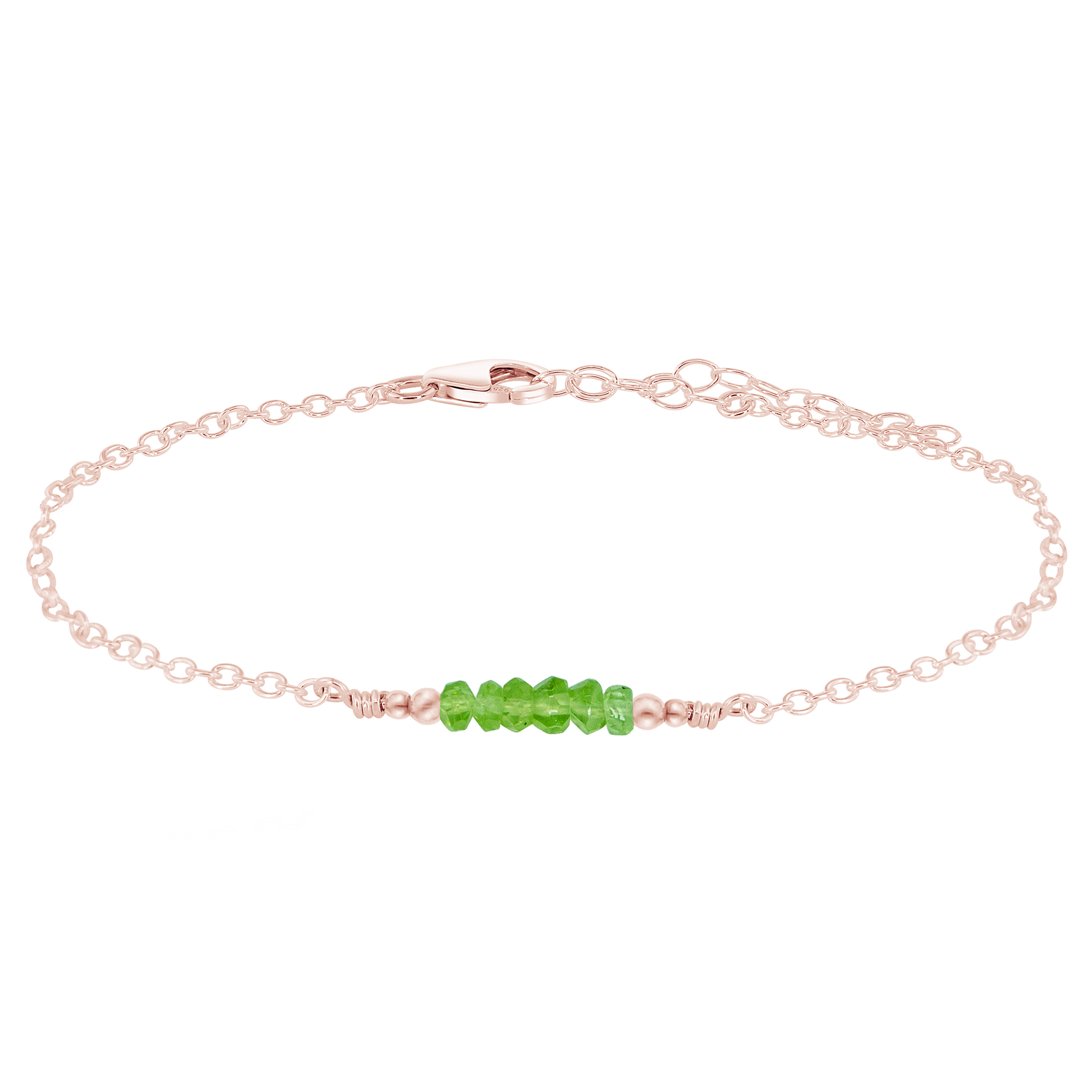 Sparkling Peridot Gemstone Faceted Bead Bar Anklet - Sparkling Peridot Gemstone Faceted Bead Bar Anklet - 14k Rose Gold Fill - Luna Tide Handmade Crystal Jewellery