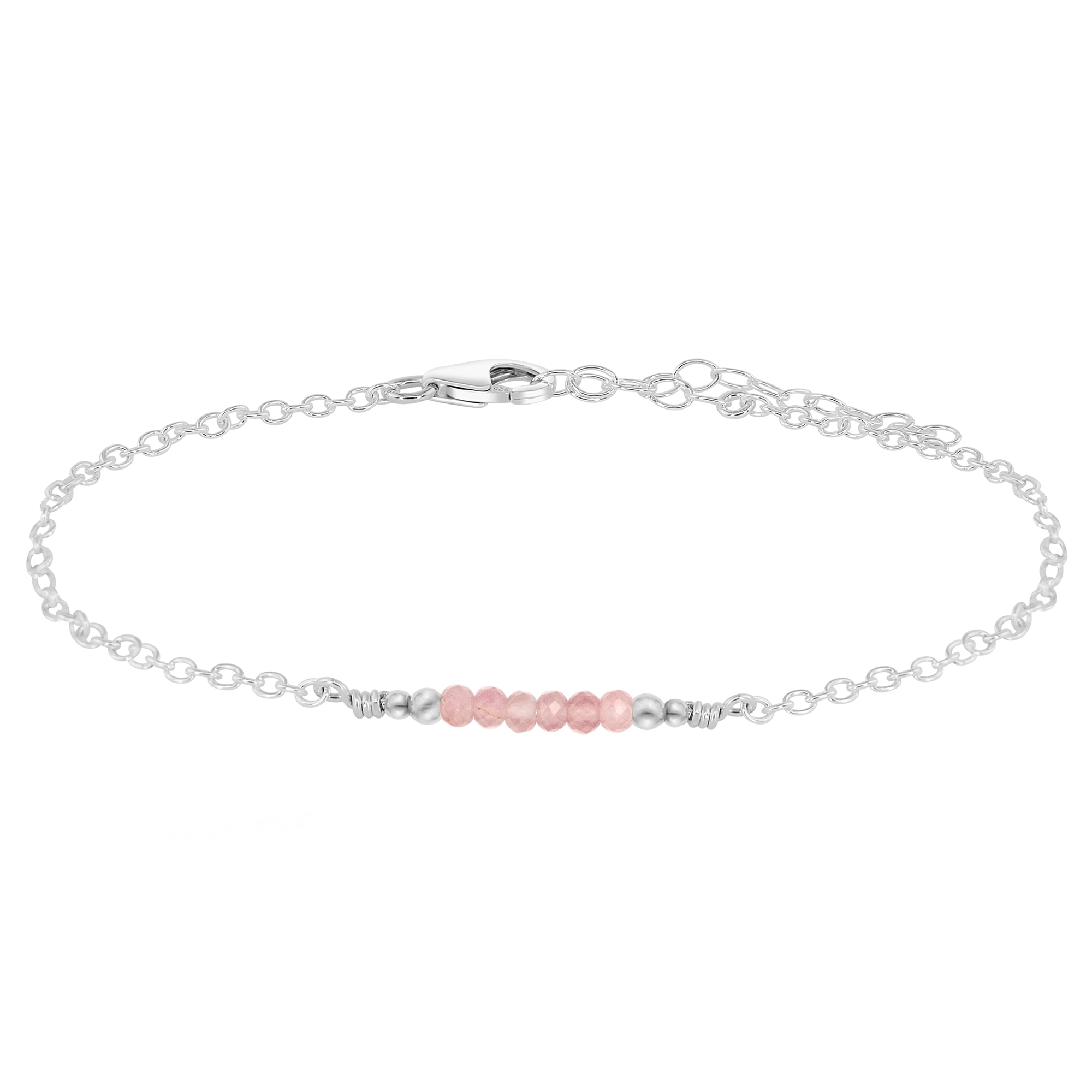 Sparkling Rose Quartz Gemstone Faceted Bead Bar Anklet - Sparkling Rose Quartz Gemstone Faceted Bead Bar Anklet - Sterling Silver - Luna Tide Handmade Crystal Jewellery