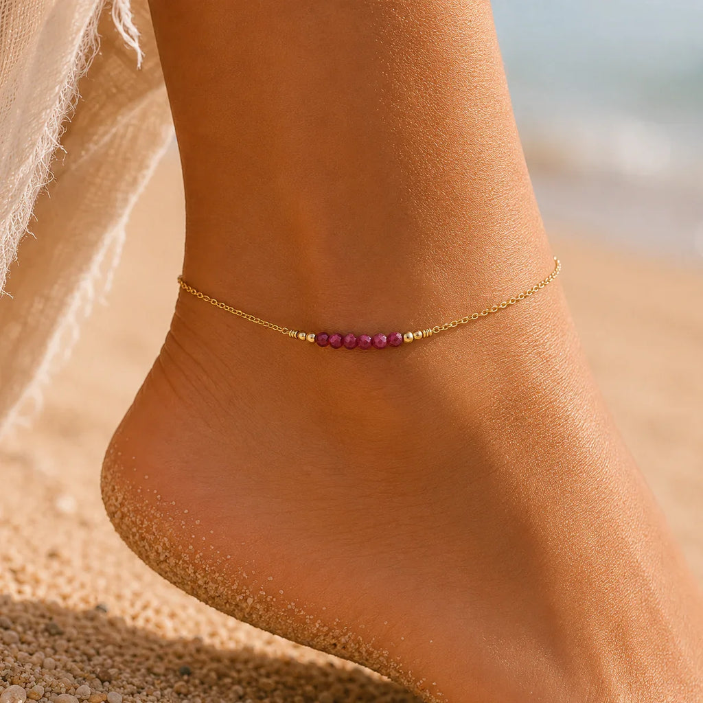 Sparkling Ruby Gemstone Faceted Bead Bar Anklet - Sparkling Ruby Gemstone Faceted Bead Bar Anklet - 14k Gold Fill - Luna Tide Handmade Crystal Jewellery