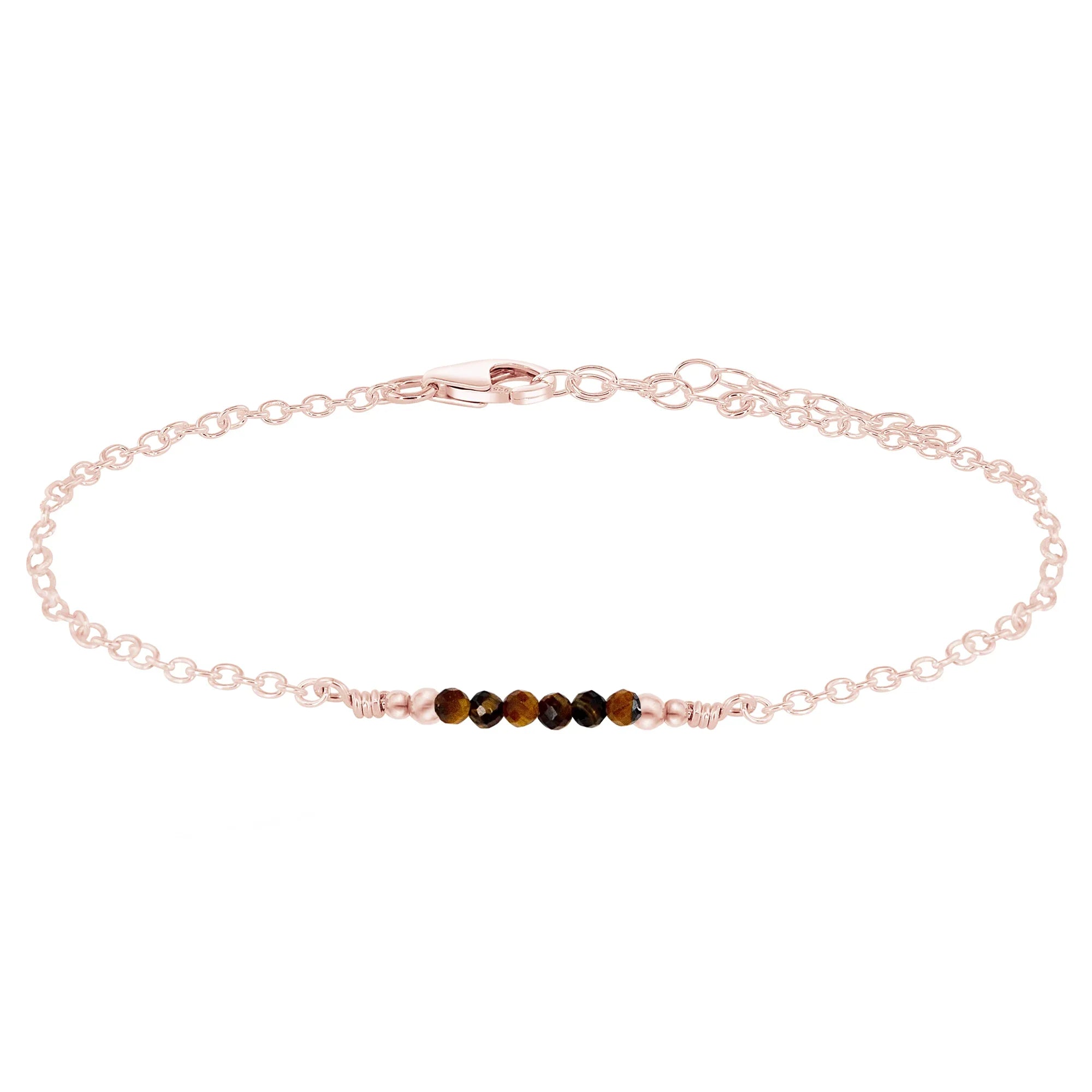 Sparkling Tiger's Eye Gemstone Faceted Bead Bar Anklet - Sparkling Tiger's Eye Gemstone Faceted Bead Bar Anklet - 14k Rose Gold Fill - Luna Tide Handmade Crystal Jewellery