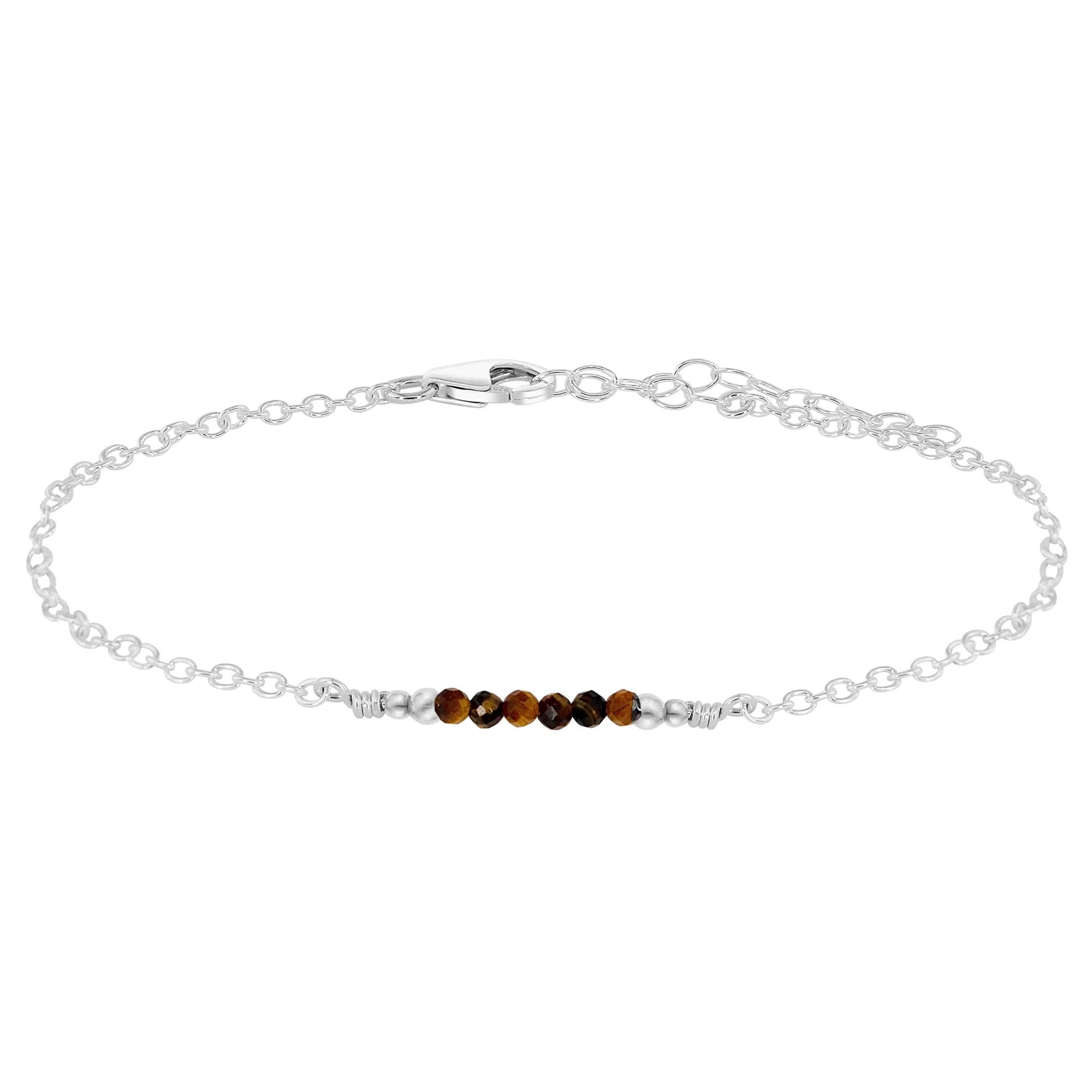 Sparkling Tiger's Eye Gemstone Faceted Bead Bar Anklet - Sparkling Tiger's Eye Gemstone Faceted Bead Bar Anklet - Sterling Silver - Luna Tide Handmade Crystal Jewellery