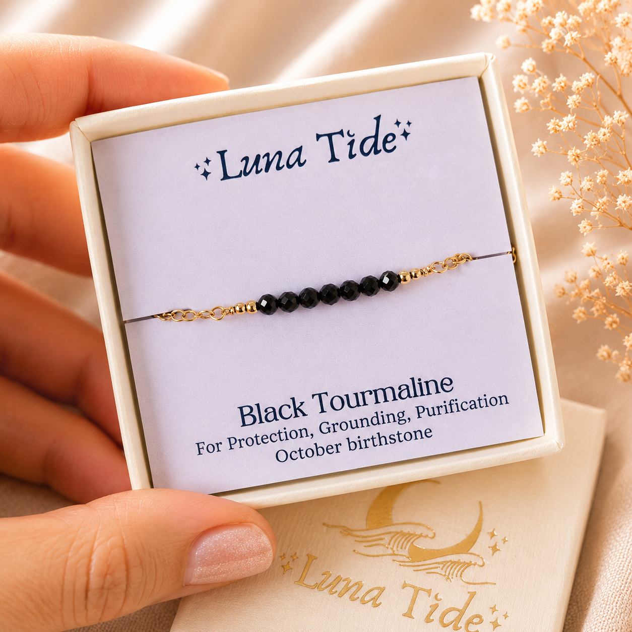 Sparkling Black Tourmaline Gemstone Faceted Bead Bar Bracelet