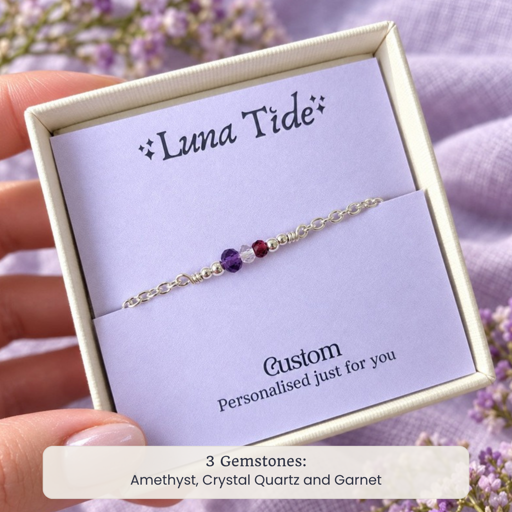 Custom faceted bead bar bracelet with Amethyst, Crystal Quartz and Garnet in a Luna Tide gift box