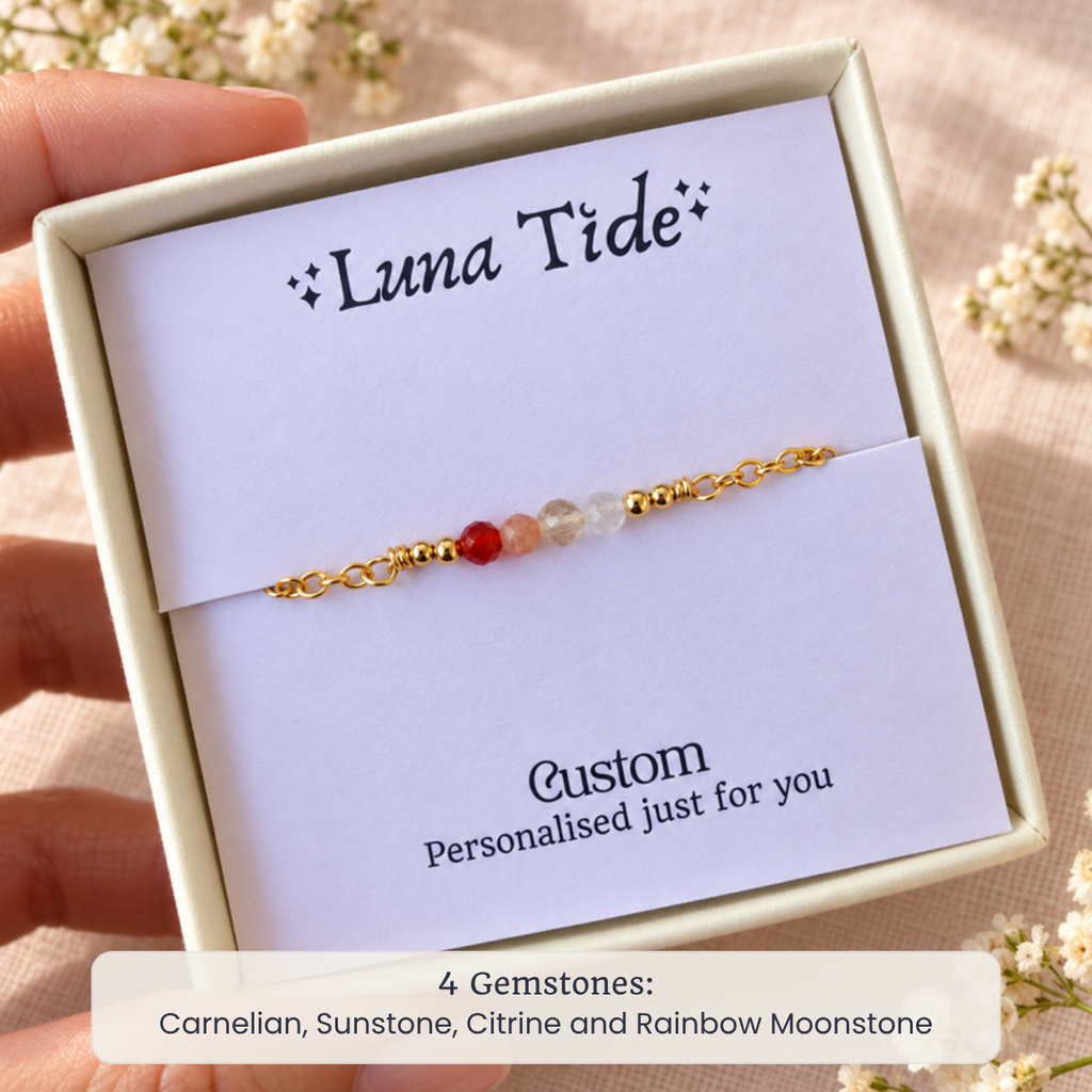 Custom faceted bead bar bracelet with 4 Gemstones: Carnelian, Sunstone, Citrine and Rainbow Moonstone