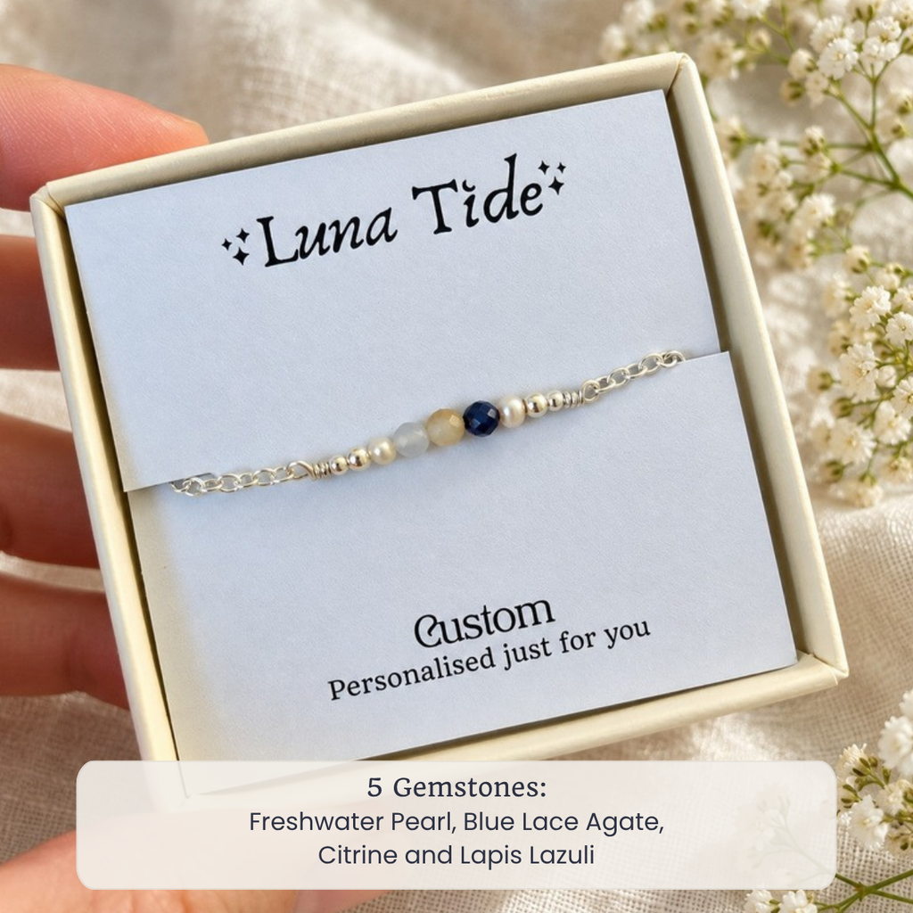 Custom faceted bead bar bracelet with Freshwater Pearl, Blue Lace Agate, Citrine and Lapis Lazuli in a Luna Tide gift box