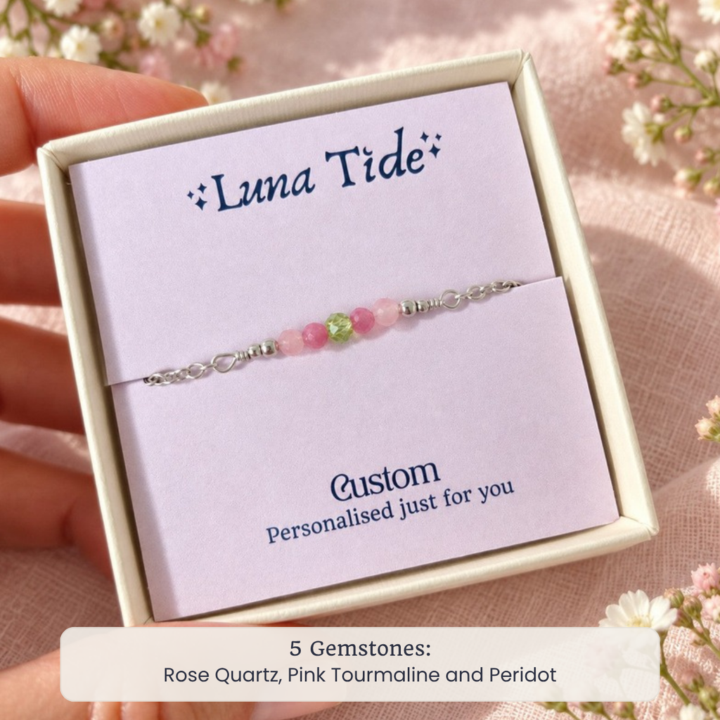Custom faceted bead bar bracelet with Rose Quartz, Pink Tourmaline and Peridot in a Luna Tide gift box