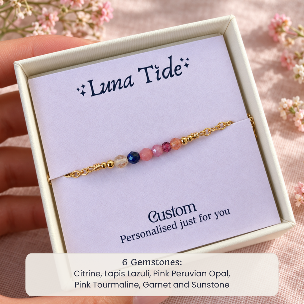 Custom faceted bead bar bracelet with 6 Gemstones: Citrine, Lapis Lazuli, Pink Peruvian Opal, Pink Tourmaline, Garnet and Sunstone