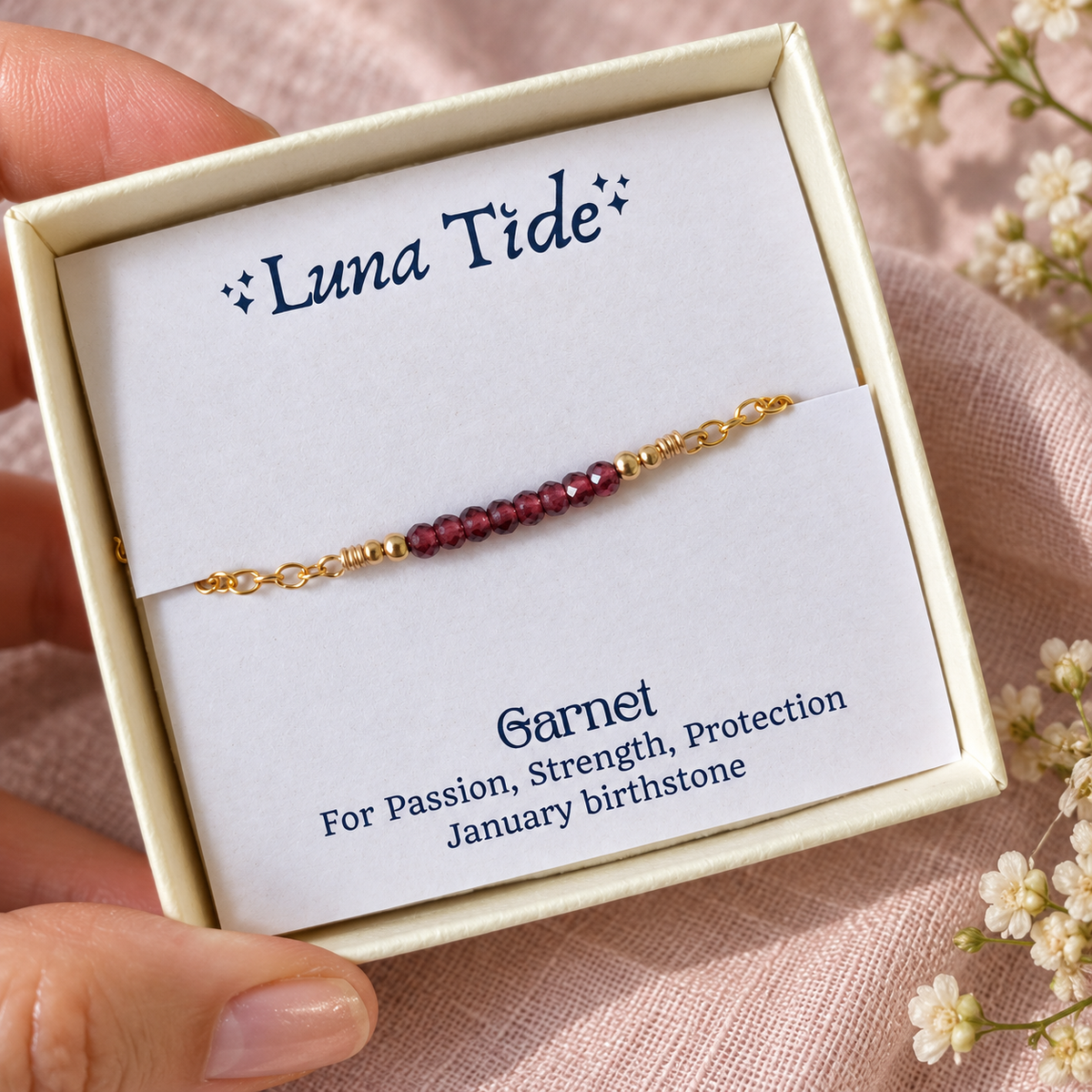 Sparkling Red Garnet Gemstone Faceted Bead Bar Bracelet