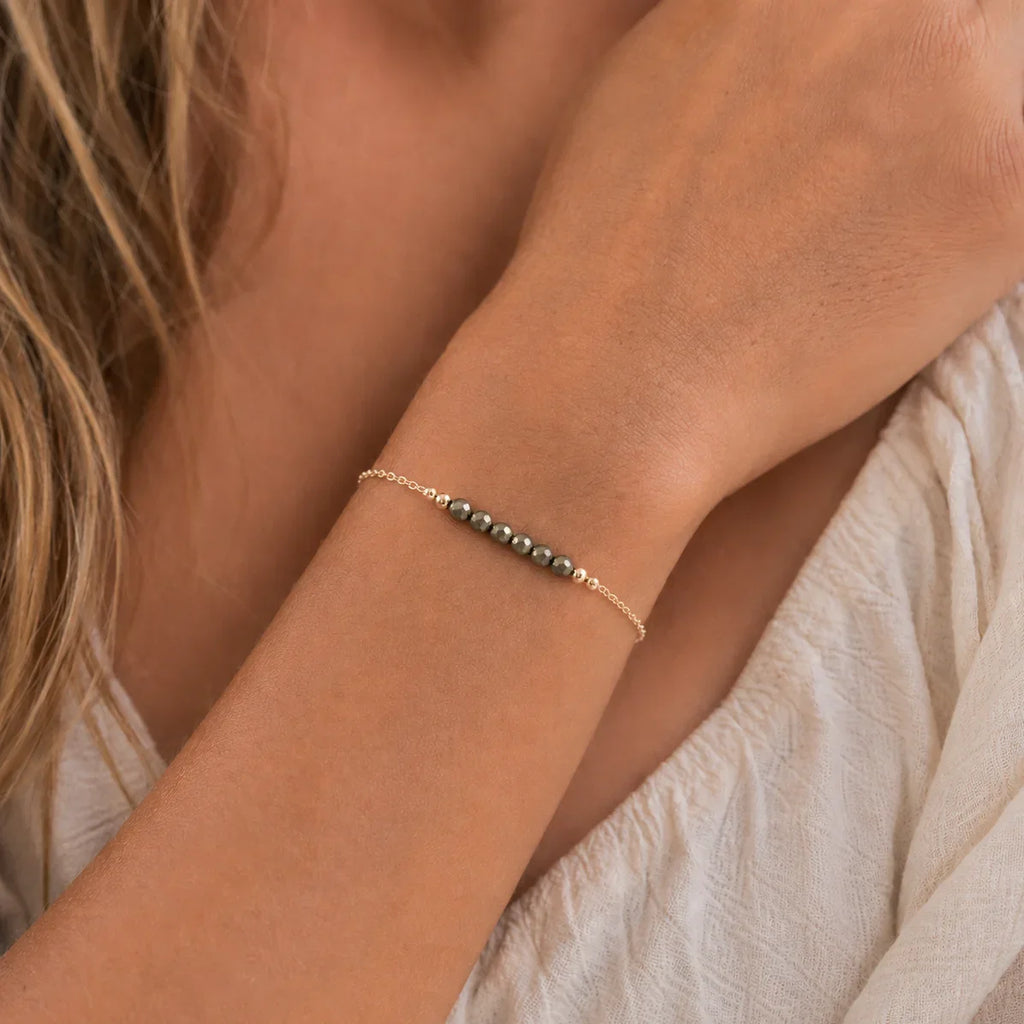 Sparkling Pyrite Gemstone Faceted Bead Bar Bracelet