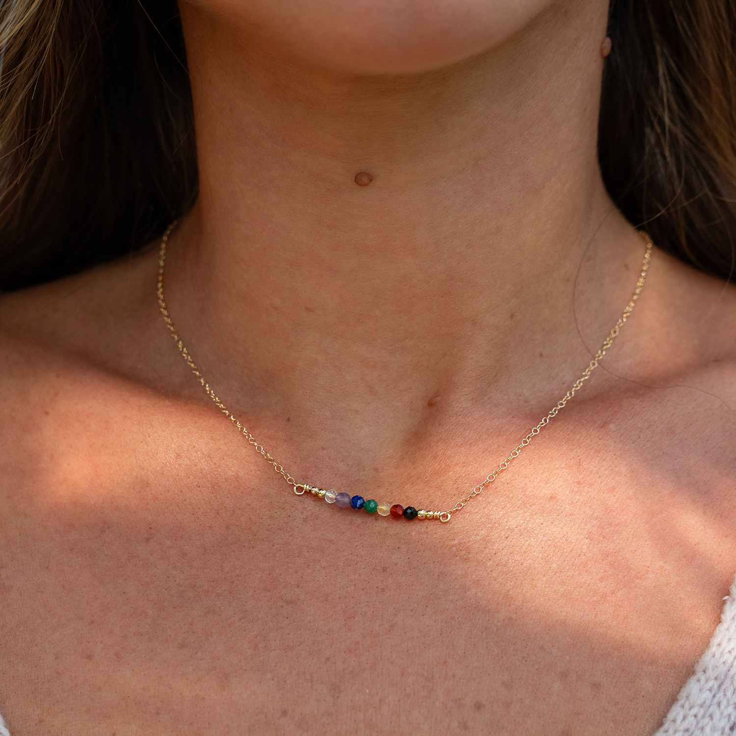 Sparkling Chakra Crystals Faceted Bead Bar Necklace