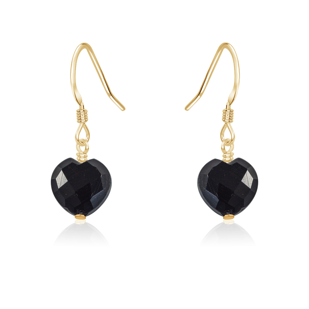 Black Onyx Crystal Heart Dangle Earrings - Black Onyx Crystal Heart Dangle Earrings - 14k Gold Fill - Luna Tide Handmade Crystal Jewellery