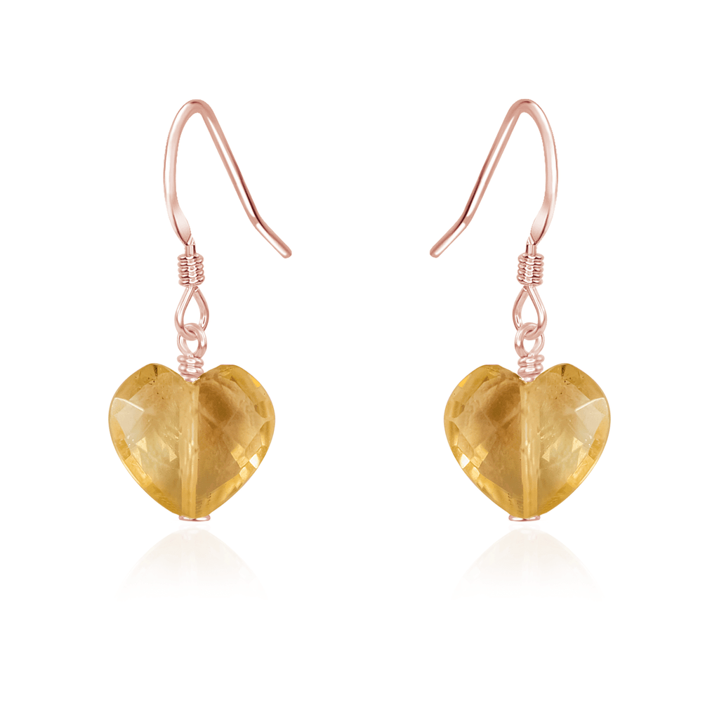 Citrine Crystal Heart Dangle Earrings - Citrine Crystal Heart Dangle Earrings - 14k Rose Gold Fill - Luna Tide Handmade Crystal Jewellery