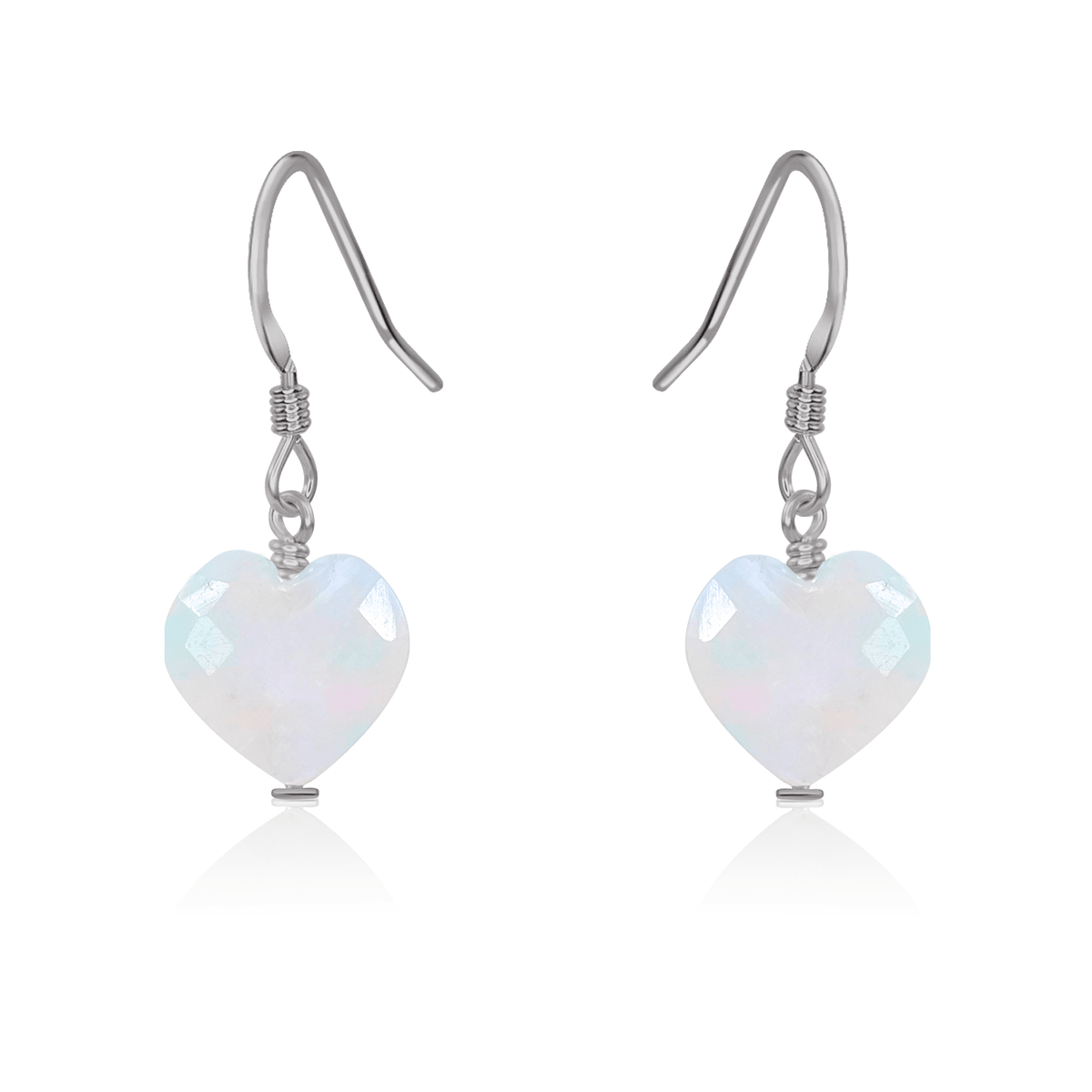 Rainbow Moonstone Crystal Heart Dangle Earrings - Rainbow Moonstone Crystal Heart Dangle Earrings - Stainless Steel - Luna Tide Handmade Crystal Jewellery