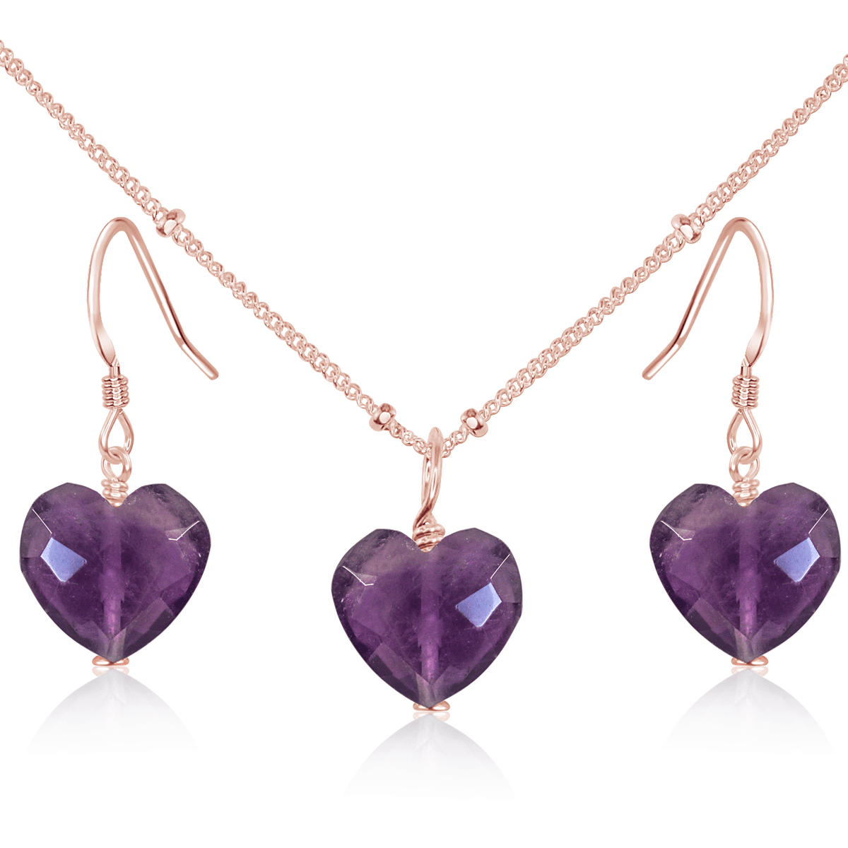 Amethyst Crystal Heart Jewellery Set - Amethyst Crystal Heart Jewellery Set - 14k Rose Gold Fill / Satellite / Necklace & Earrings - Luna Tide Handmade Crystal Jewellery