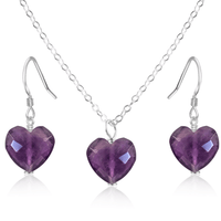 Amethyst Crystal Heart Jewellery Set - Amethyst Crystal Heart Jewellery Set - Sterling Silver / Cable / Necklace & Earrings - Luna Tide Handmade Crystal Jewellery