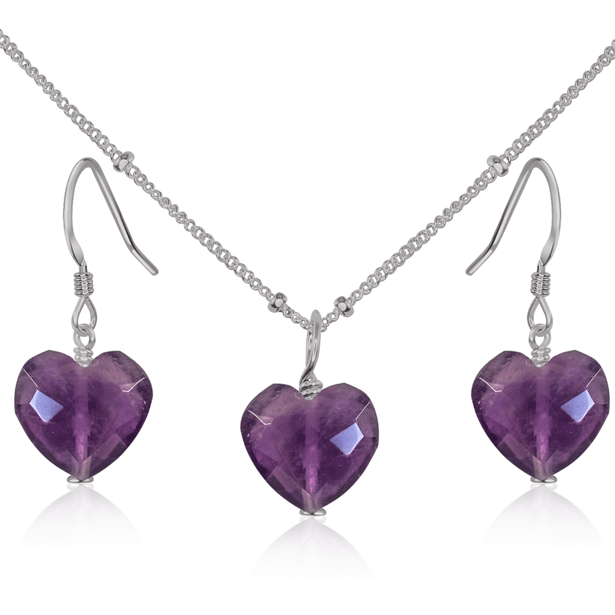 Amethyst Crystal Heart Jewellery Set - Amethyst Crystal Heart Jewellery Set - Stainless Steel / Satellite / Necklace & Earrings - Luna Tide Handmade Crystal Jewellery