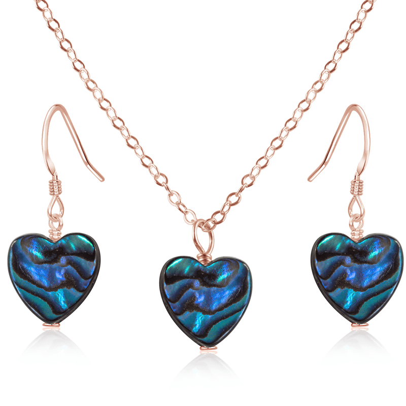 Abalone Shell Heart Jewellery Set - Abalone Shell Heart Jewellery Set - 14k Rose Gold Fill / Cable / Necklace & Earrings - Luna Tide Handmade Crystal Jewellery
