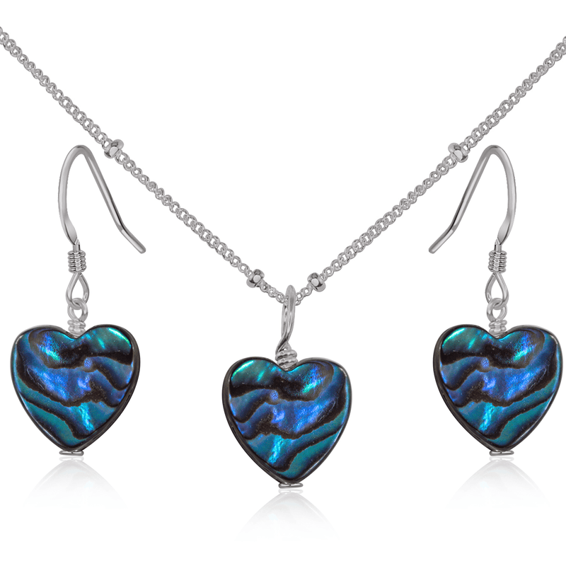 Abalone Shell Heart Jewellery Set - Abalone Shell Heart Jewellery Set - Stainless Steel / Satellite / Necklace & Earrings - Luna Tide Handmade Crystal Jewellery
