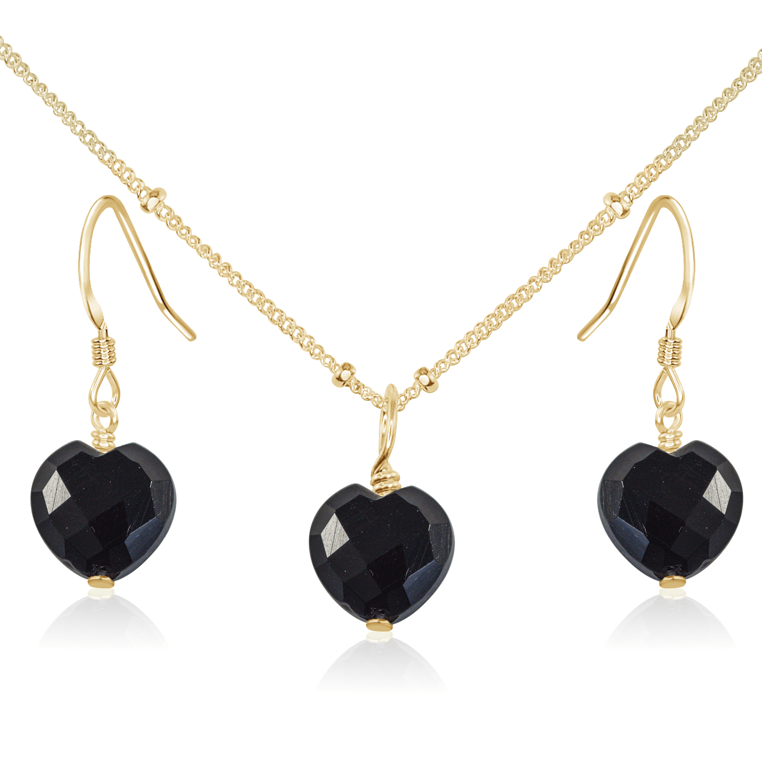 Black Onyx Crystal Heart Jewellery Set - Black Onyx Crystal Heart Jewellery Set - 14k Gold Fill / Satellite / Necklace & Earrings - Luna Tide Handmade Crystal Jewellery