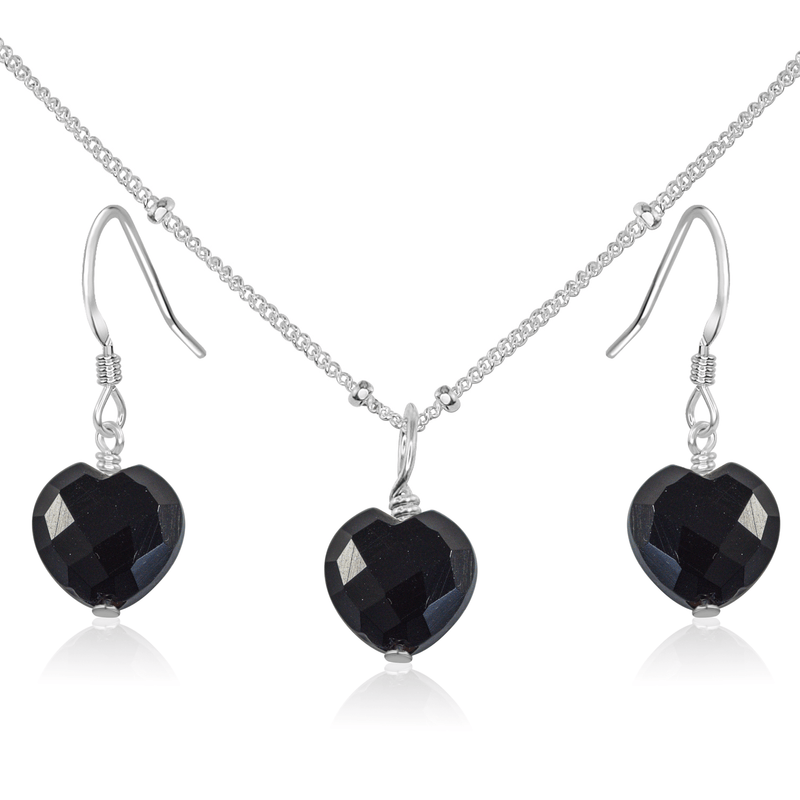 Black Onyx Crystal Heart Jewellery Set - Black Onyx Crystal Heart Jewellery Set - Sterling Silver / Satellite / Necklace & Earrings - Luna Tide Handmade Crystal Jewellery
