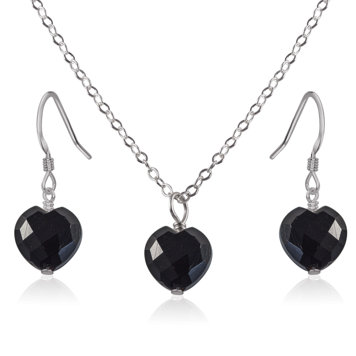 Black Onyx Crystal Heart Jewellery Set - Black Onyx Crystal Heart Jewellery Set - Stainless Steel / Cable / Necklace & Earrings - Luna Tide Handmade Crystal Jewellery