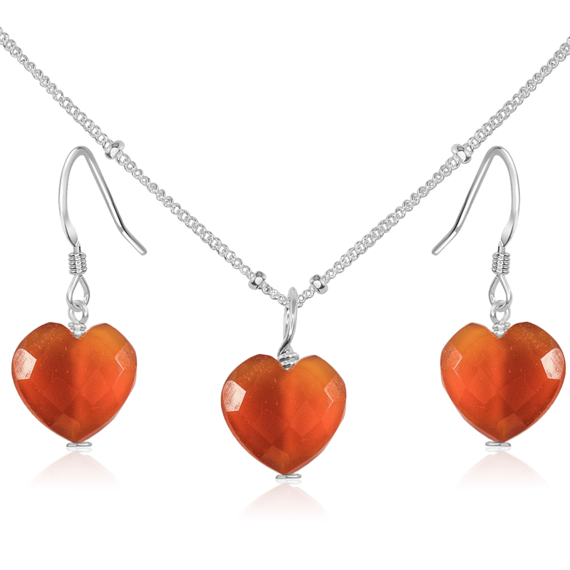 Carnelian Crystal Heart Jewellery Set - Carnelian Crystal Heart Jewellery Set - Sterling Silver / Satellite / Necklace & Earrings - Luna Tide Handmade Crystal Jewellery