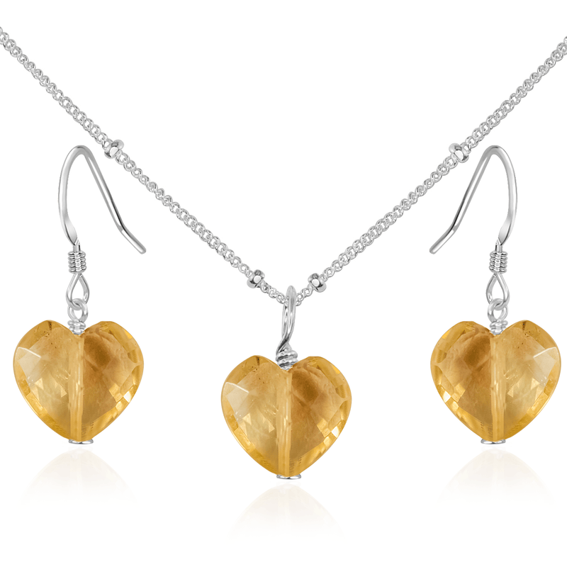 Citrine Crystal Heart Jewellery Set - Citrine Crystal Heart Jewellery Set - Sterling Silver / Satellite / Necklace & Earrings - Luna Tide Handmade Crystal Jewellery
