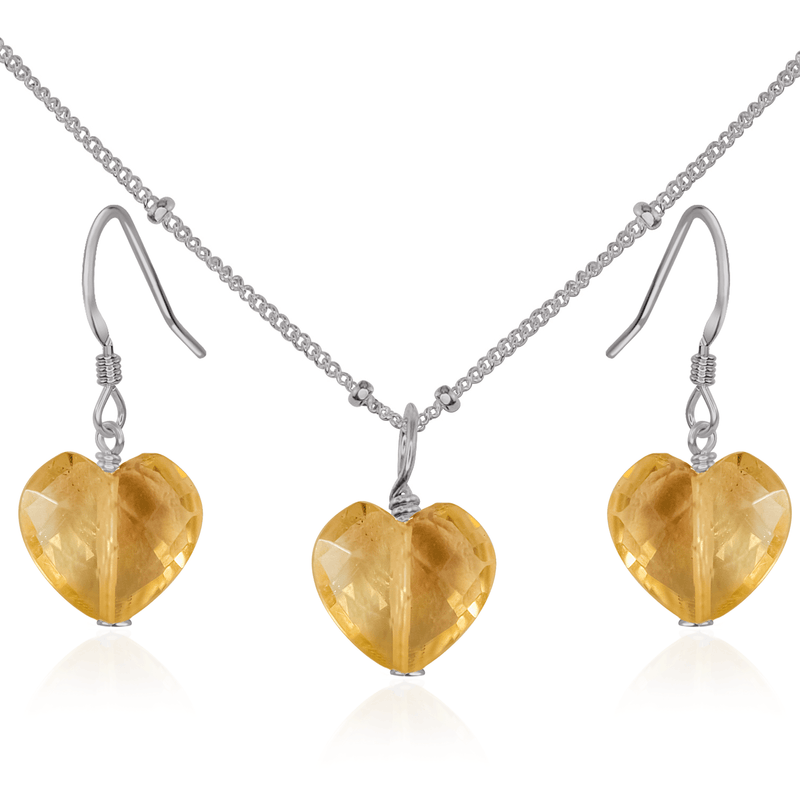 Citrine Crystal Heart Jewellery Set - Citrine Crystal Heart Jewellery Set - Stainless Steel / Satellite / Necklace & Earrings - Luna Tide Handmade Crystal Jewellery