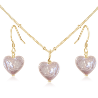 Freshwater Pearl Heart Jewellery Set - Freshwater Pearl Heart Jewellery Set - 14k Gold Fill / Satellite / Necklace & Earrings - Luna Tide Handmade Crystal Jewellery