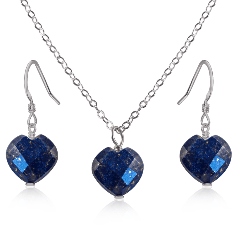 Lapis Lazuli Crystal Heart Jewellery Set - Lapis Lazuli Crystal Heart Jewellery Set - Stainless Steel / Cable / Necklace & Earrings - Luna Tide Handmade Crystal Jewellery