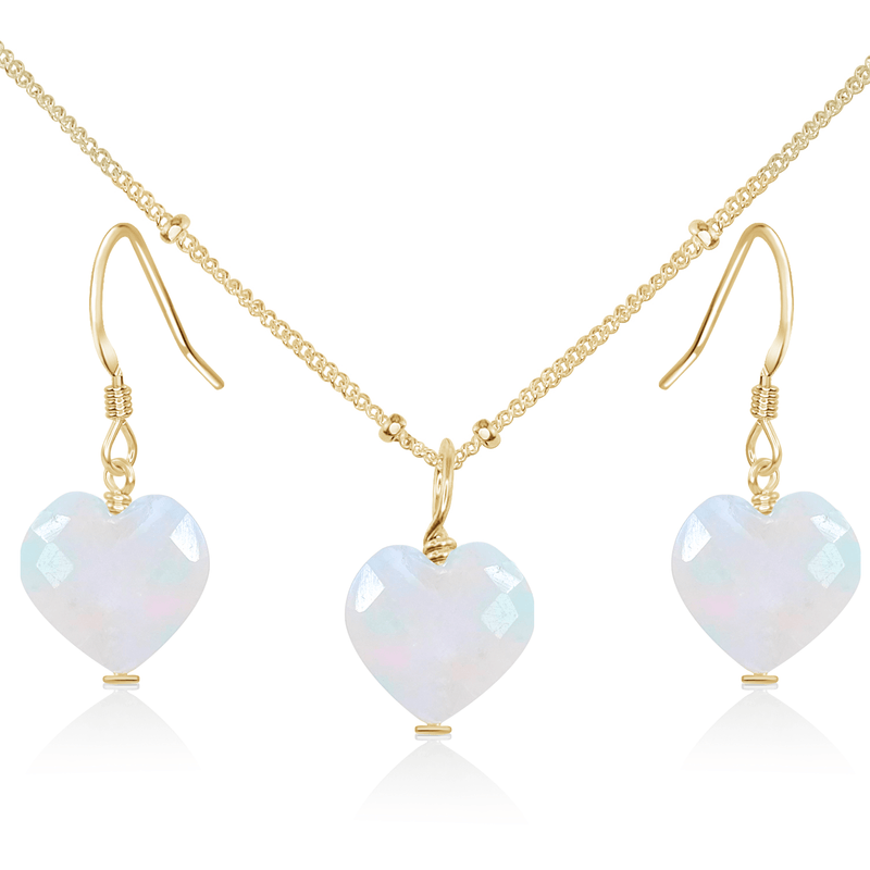 Rainbow Moonstone Crystal Heart Jewellery Set - Rainbow Moonstone Crystal Heart Jewellery Set - 14k Gold Fill / Satellite / Necklace & Earrings - Luna Tide Handmade Crystal Jewellery