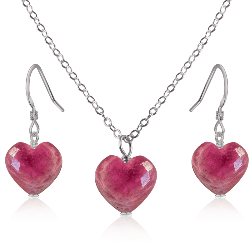 Ruby Crystal Heart Jewellery Set - Ruby Crystal Heart Jewellery Set - Stainless Steel / Cable / Necklace & Earrings - Luna Tide Handmade Crystal Jewellery