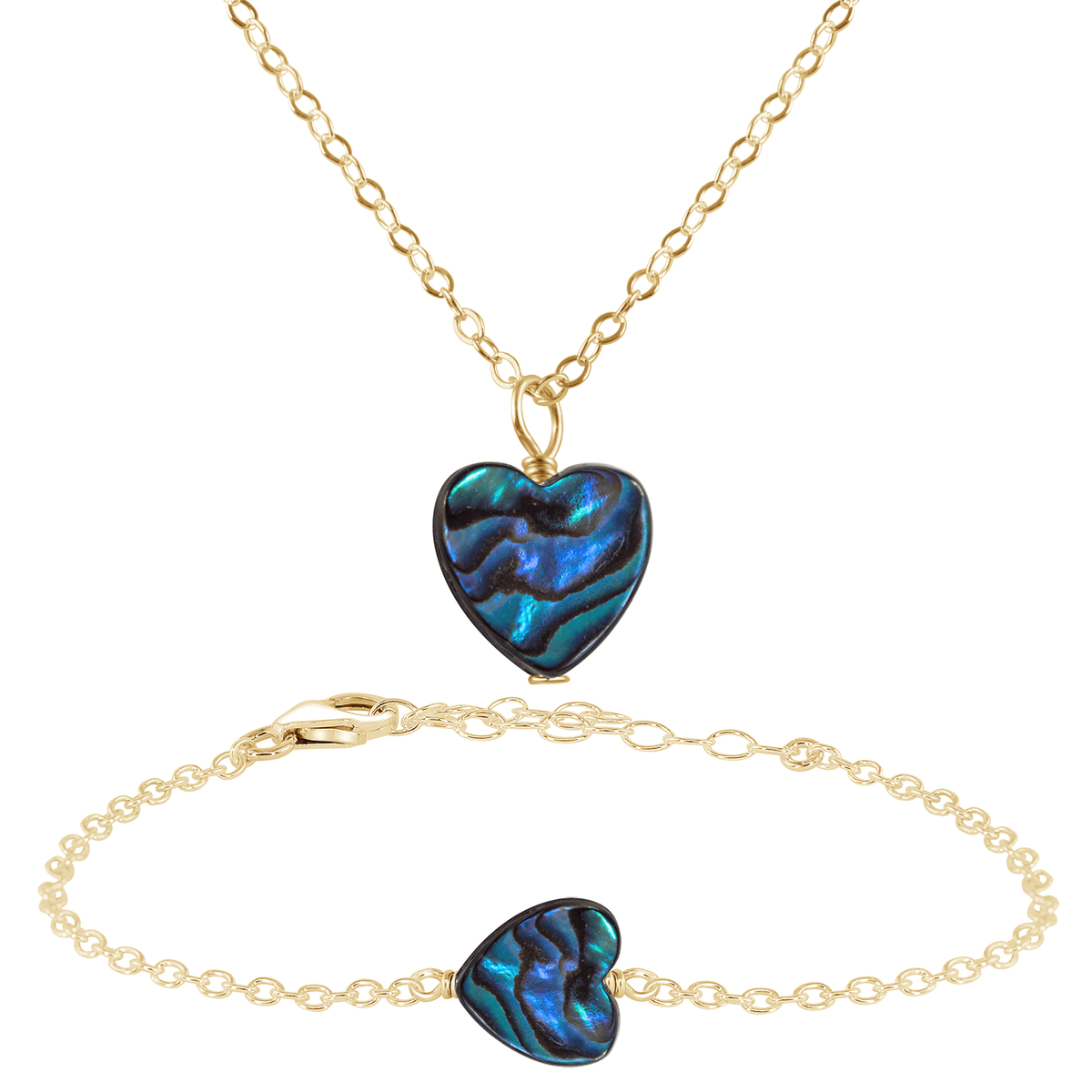 Abalone Shell Heart Jewellery Set - Abalone Shell Heart Jewellery Set - 14k Gold Fill / Cable / Necklace & Bracelet - Luna Tide Handmade Crystal Jewellery