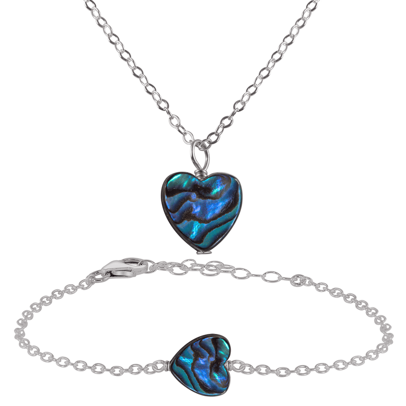 Abalone Shell Heart Jewellery Set - Abalone Shell Heart Jewellery Set - Stainless Steel / Cable / Necklace & Bracelet - Luna Tide Handmade Crystal Jewellery