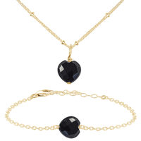 Black Onyx Crystal Heart Jewellery Set - Black Onyx Crystal Heart Jewellery Set - 14k Gold Fill / Satellite / Necklace & Bracelet - Luna Tide Handmade Crystal Jewellery