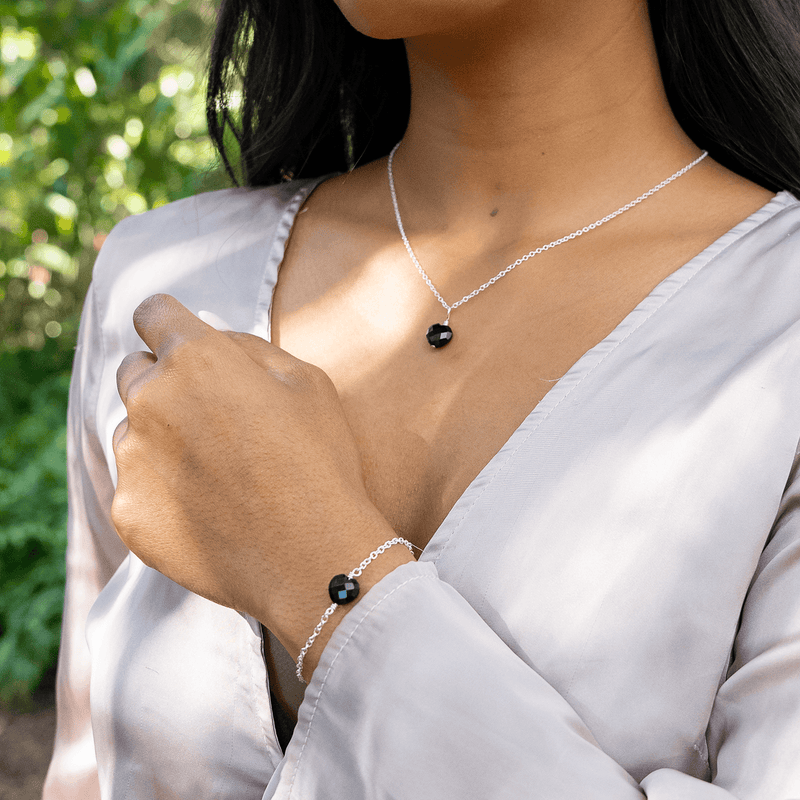 Black Onyx Crystal Heart Jewellery Set - Black Onyx Crystal Heart Jewellery Set - Sterling Silver / Cable / Necklace & Earrings & Bracelet - Luna Tide Handmade Crystal Jewellery