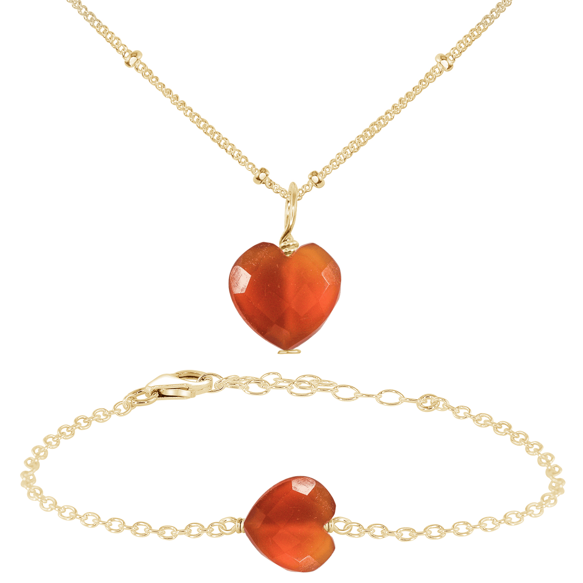 Carnelian Crystal Heart Jewellery Set - Carnelian Crystal Heart Jewellery Set - 14k Gold Fill / Satellite / Necklace & Bracelet - Luna Tide Handmade Crystal Jewellery