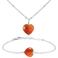 Carnelian Crystal Heart Jewellery Set - Carnelian Crystal Heart Jewellery Set - Sterling Silver / Satellite / Necklace & Bracelet - Luna Tide Handmade Crystal Jewellery