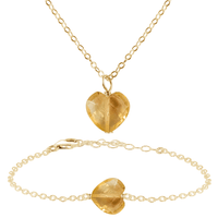 Citrine Crystal Heart Jewellery Set - Citrine Crystal Heart Jewellery Set - 14k Gold Fill / Cable / Necklace & Bracelet - Luna Tide Handmade Crystal Jewellery