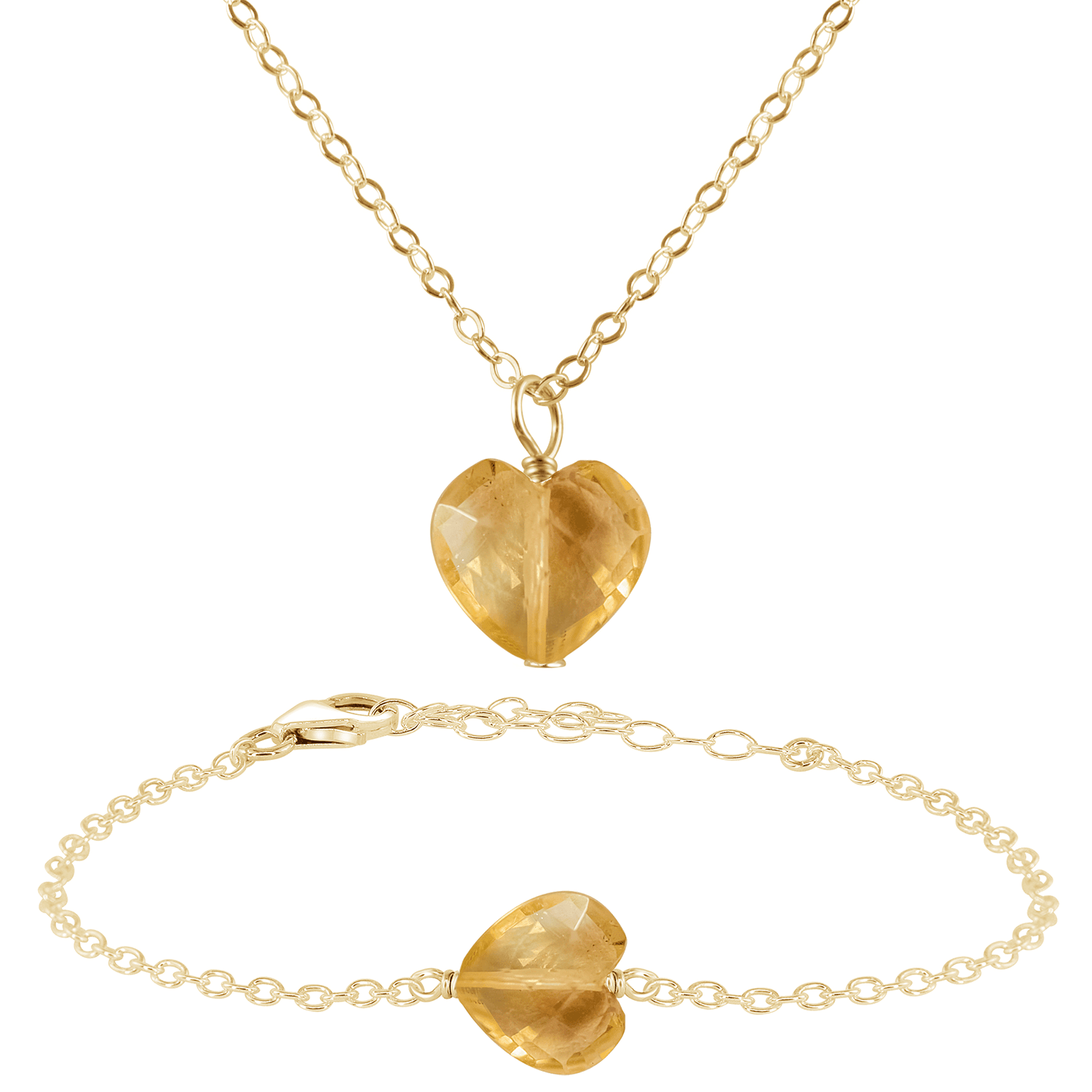Citrine Crystal Heart Jewellery Set - Citrine Crystal Heart Jewellery Set - 14k Gold Fill / Cable / Necklace & Bracelet - Luna Tide Handmade Crystal Jewellery