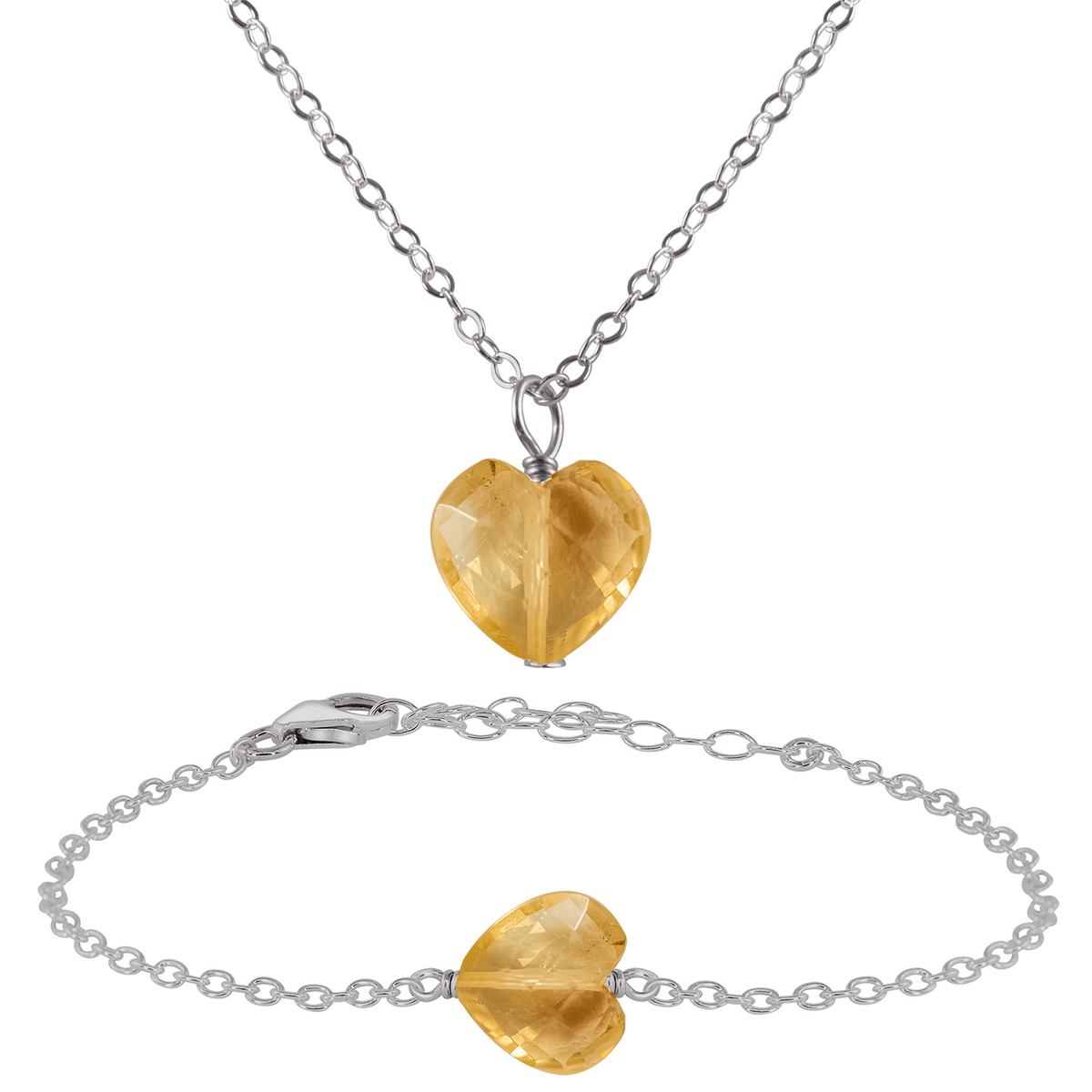Citrine Crystal Heart Jewellery Set - Citrine Crystal Heart Jewellery Set - Stainless Steel / Cable / Necklace & Bracelet - Luna Tide Handmade Crystal Jewellery