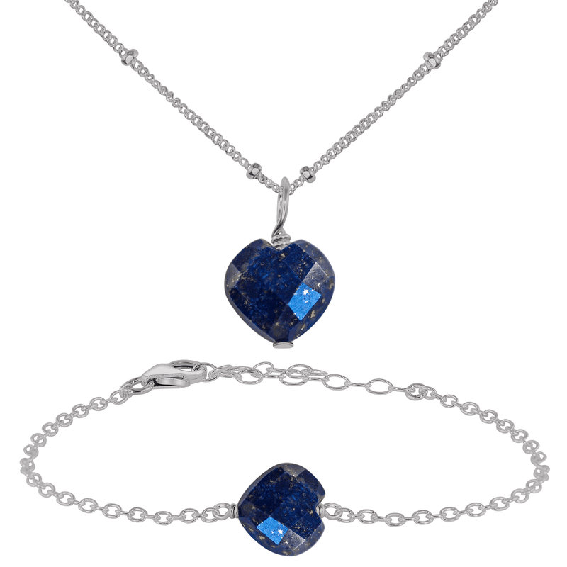 Lapis Lazuli Crystal Heart Jewellery Set - Lapis Lazuli Crystal Heart Jewellery Set - Stainless Steel / Satellite / Necklace & Bracelet - Luna Tide Handmade Crystal Jewellery