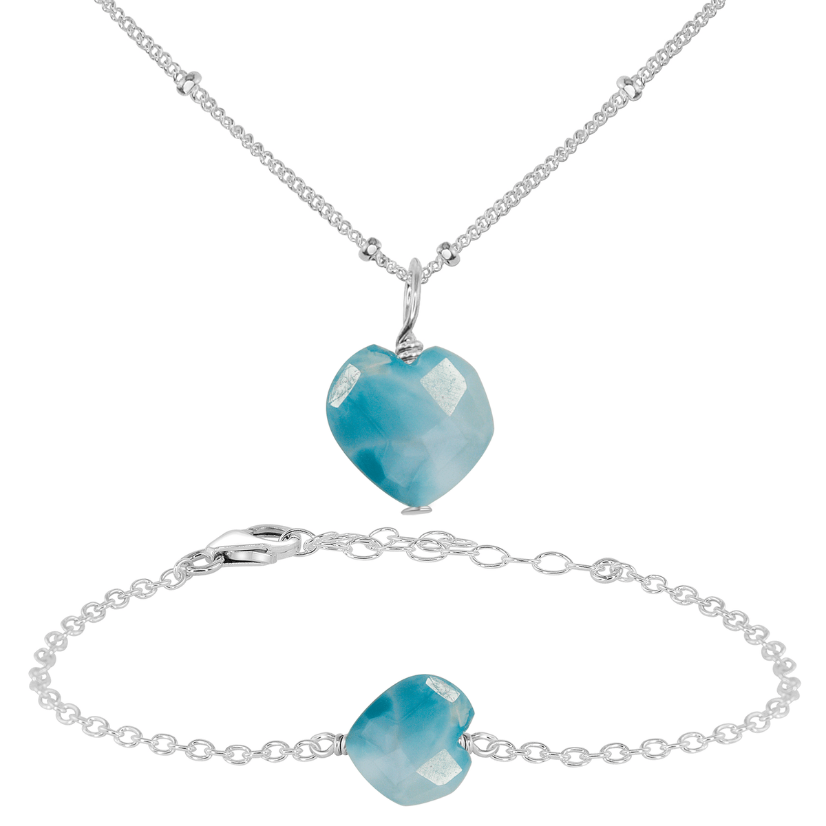 Larimar Crystal Heart Jewellery Set - Larimar Crystal Heart Jewellery Set - Sterling Silver / Satellite / Necklace & Bracelet - Luna Tide Handmade Crystal Jewellery