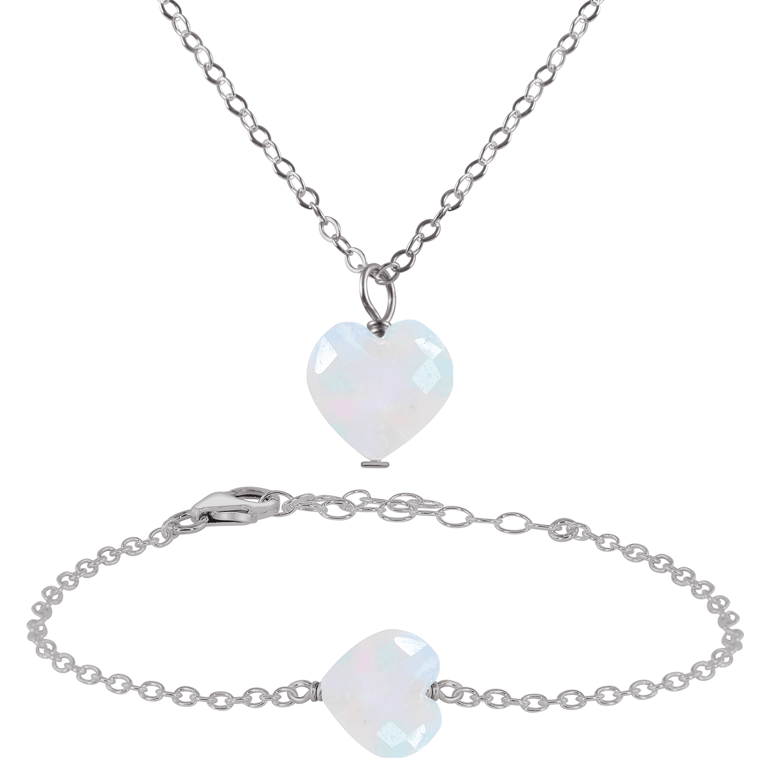 Rainbow Moonstone Crystal Heart Jewellery Set - Rainbow Moonstone Crystal Heart Jewellery Set - Stainless Steel / Cable / Necklace & Bracelet - Luna Tide Handmade Crystal Jewellery